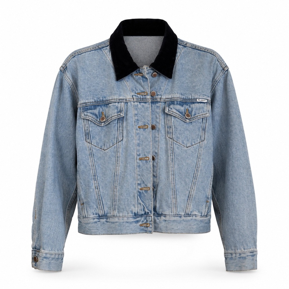Vintage 90s Bill Blass Light Wash Denim Jacket Black Velvet Collar Grunge Size M